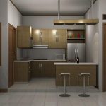 Dapur Minimalis Modern Berbentuk L dengan kitchen set beraksen coklat dan lampu menggantung