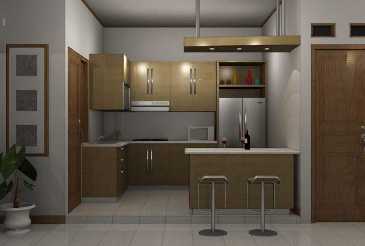 Dapur Minimalis Modern Berbentuk L dengan kitchen set beraksen coklat dan lampu menggantung