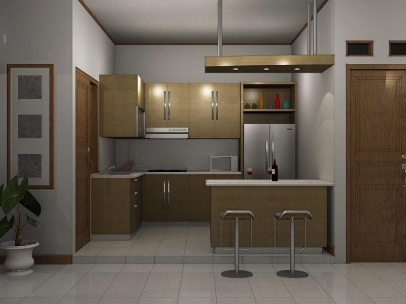 Dapur Minimalis Modern Berbentuk L dengan kitchen set beraksen coklat dan lampu menggantung